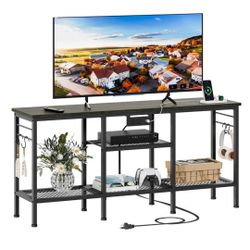 Furologee TV Stand with Power Outlets, Entertainment Center with Open Storage Shelves for TVs up to 55 Inch, TV Media Console Table with Soundbar Shel