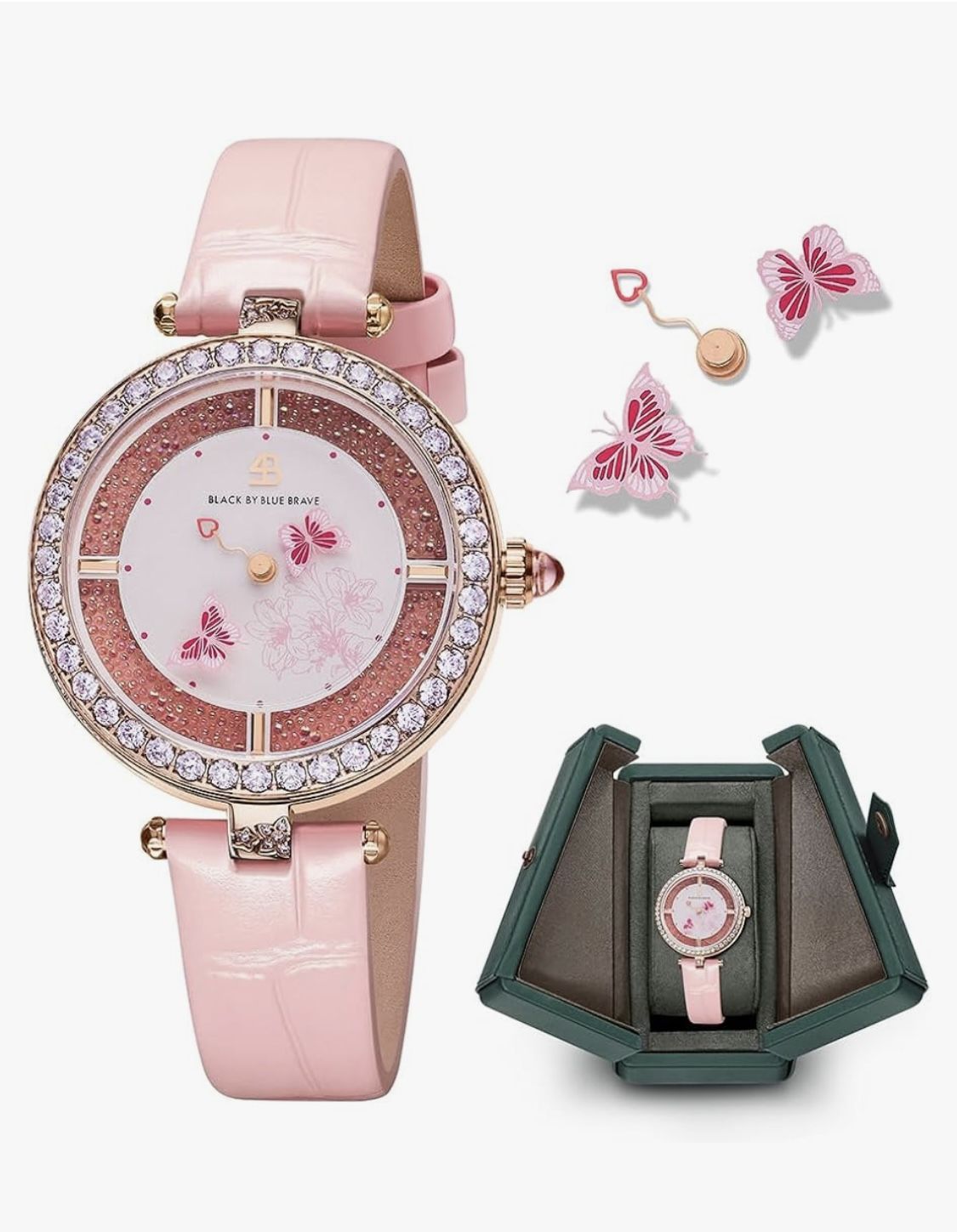 Women Watches Moving Butterfly Hands Blue Dial with Genuine Leather Strap Watch for Women Butterfly Watches Womens Wrist Watch