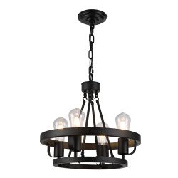 Four-light plug-in pendant lamp, carriage wheel design, black circular metal pendant with 39.5-foot chain, modern industrial-style outdoor lighting su