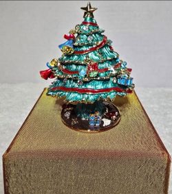 Enameled Trinket Jewelry Box Christmas Tree Crystal Ornaments Magnetic Opening