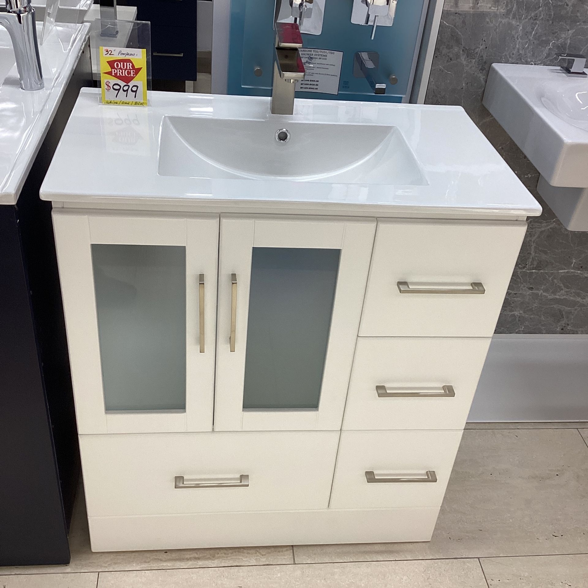 32” White Bathroom Vanity Ceramic Top Sink Brushed Nickel Handles Fully Assembled Available Today