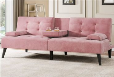 64" Sofa Bed Futon Couches, Folding Loveseat Recliner with 3-Angle Adjustment, Removable Arms 2 Cup Holders for Small Spaces,Pink