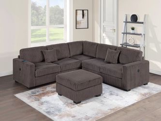 4-Piece Sectional Set W/ Ottoman RAF/LAF One-Arm Loveseat W/USB + Corner Wedge + Cocktail Ottoman  Color: Chocolate      Seccional de 4 Piezas Nuevo e
