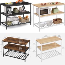 Kitchen Island with 3 Shelves, 47.2 Inches Width Kitchen Shelf with Large Worktop, Stable Steel Structure, Industrial, Easy to Assemble, E