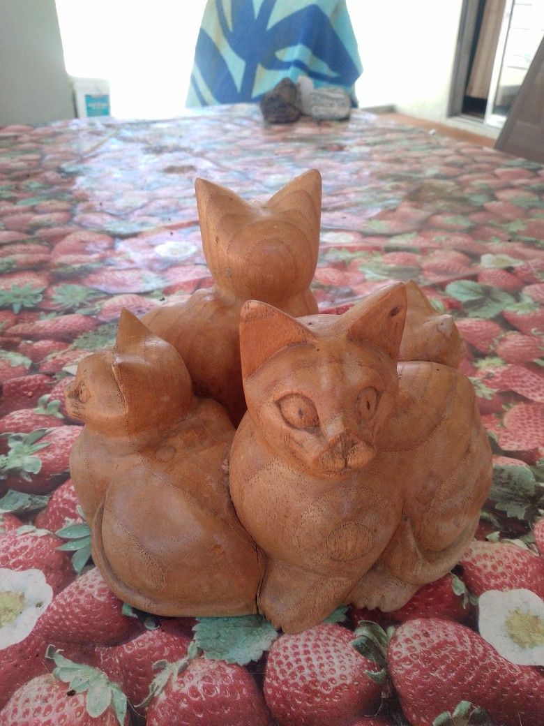 Hand Carved Wood Cat Art