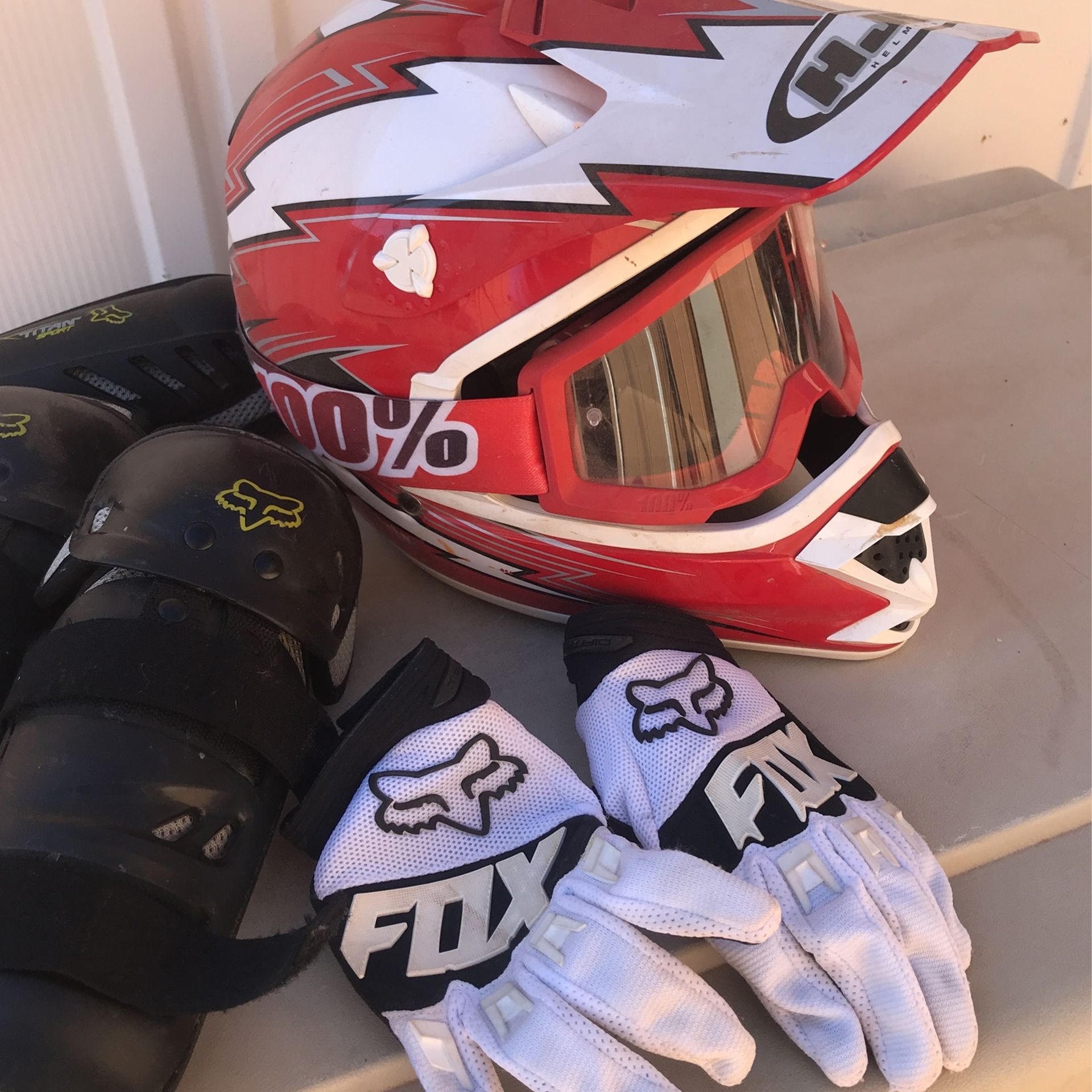 HJC dirtbike helmet hundred percent goggles youth medium brand new Fox gloves small brand new kneepads missing one elbow pad