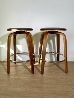 Mid-Century Modern Counter Stools, Walnut Finish,  Espresso Brown Faux Leather Seat (2)
