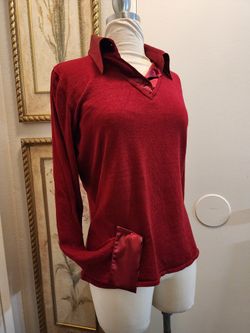 Fred David Women Red Pullover Knit Sweater Mock Shirt Satin Collar & Cuffs, Sz M