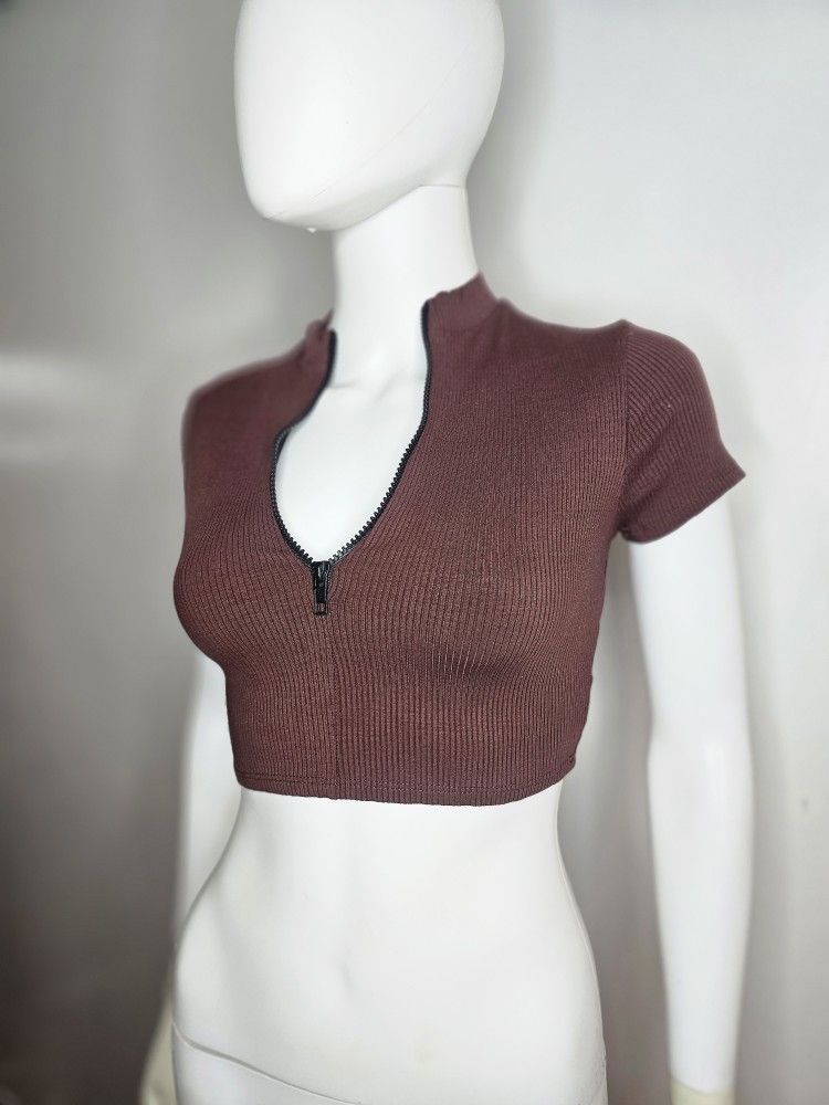 NWT Fashion Nova Women's Brown Zip-Up Crop Top Size SM