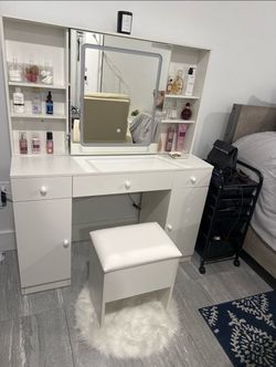 White Vanity Table with LED Mirror and Stool