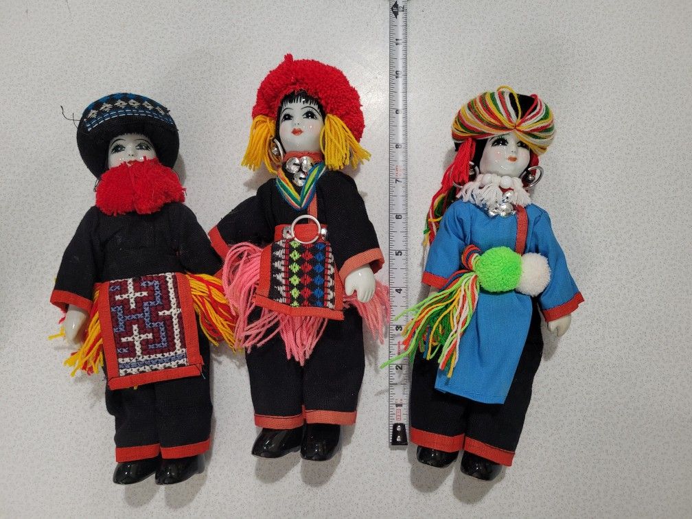 Vintage Oriental Asian Porcelain Doll Fabric Folk Art 3 + 1