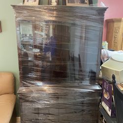 Cabinet: Antique Cherry wood China cabinet with curve glass display and storage underneath $450