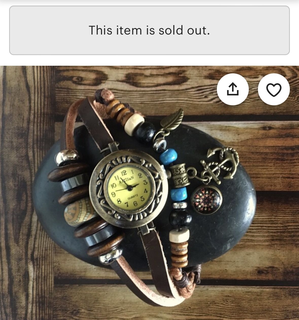 New Artisan Watch, Brown Leather With Beads And Charms. Handmade By Artist, New & In Box.
