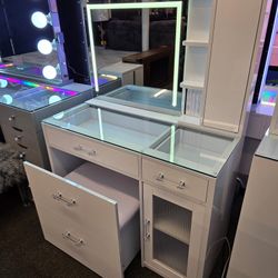 Brand New Vanity 2 Drawers & Side Door Hollywood Mirror & Shelve White $599
