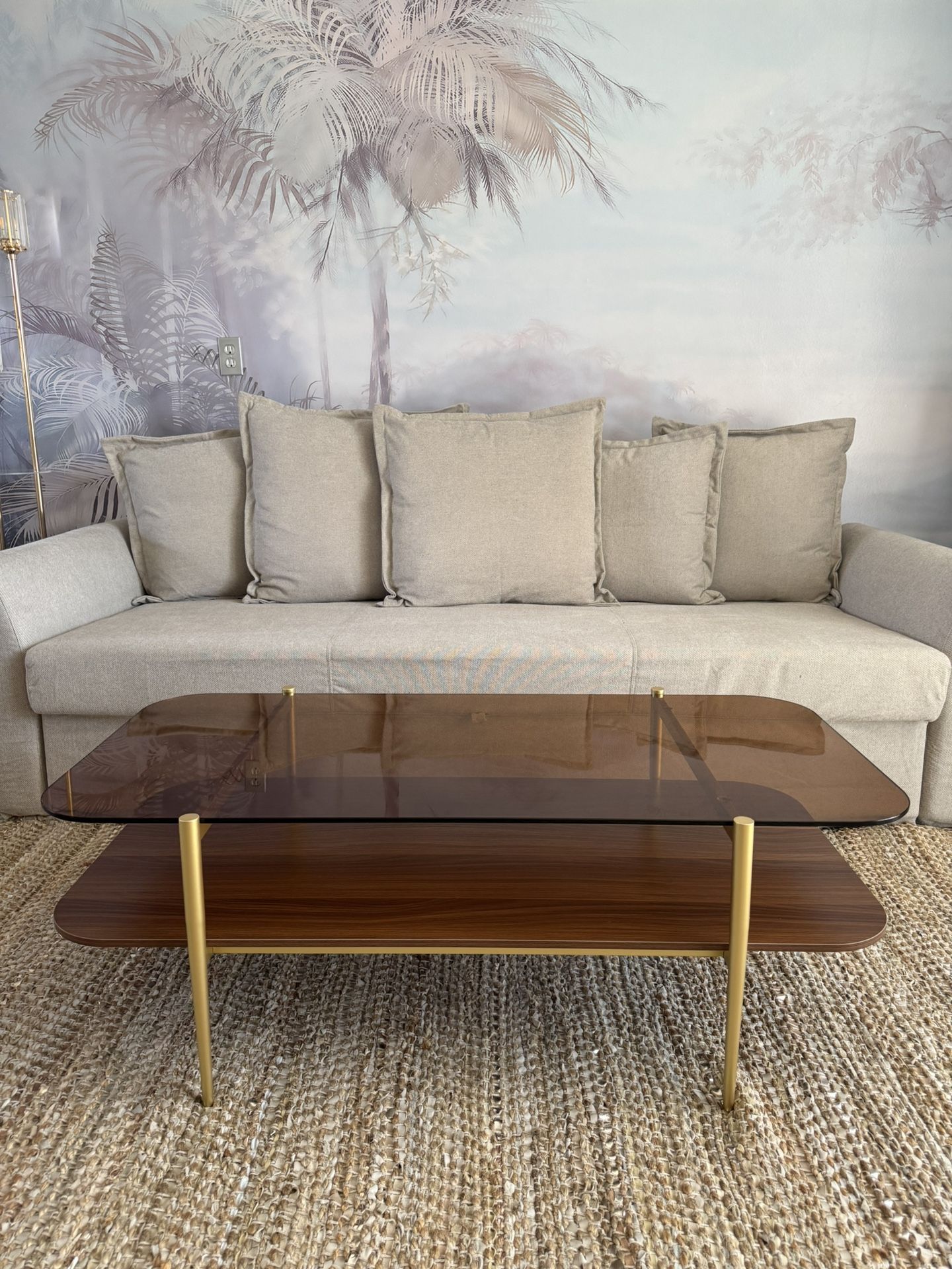Large Glass Coffee Table, Mid-Century Modern Coffee Table for Living Room, Gold Finish Leg, Coffee Brown Glass Top & Walnut Brown Shelf, 47 in Round