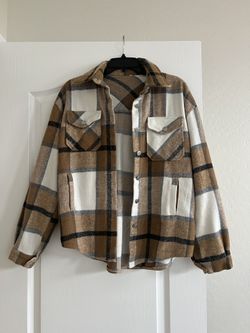 Womens Khaki Flannel Plaid Shacket Wool Blend Button Down Shirt Fall Fashion Jacket