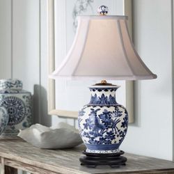 ($175 Each)Floral Blue and White Oval Porcelain Vase Footed Table Lamp
