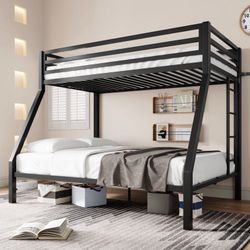 Black Twin over Full Size Metal Bunk Bed with Removable Durable Ladder