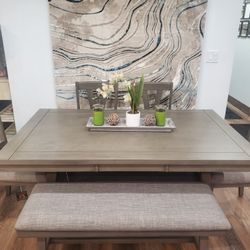 Beautiful 6 Pc  Gray Dining Set With Bench (New)