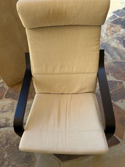 Pair of IKEA POÄNG Armchairs – Beige Cushions / Dark Wood