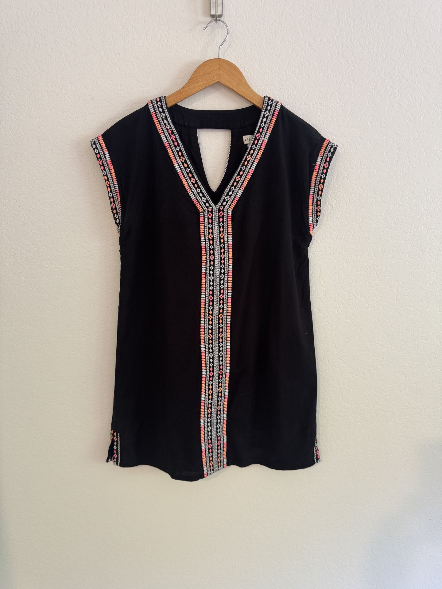 Size S Artisan NY Cotton Black Mini Dress with Pink Vibrant Embroidery