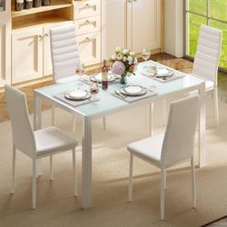 TYLER White Glass Dining Table Set (Table and 4 Chairs) - 5 Piece