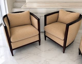 Pair of Mid-Century Modern Barrel Club Chairs – Dark Wood Frames & Neutral Upholstery