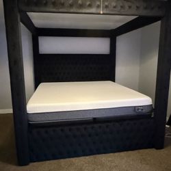 New King Size Black Canopy Bed Frame + Memory Foam Mattress Set