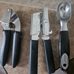 Everyday Living Can Opener; OXO Garlic Press; Oneida Ice Cream Scoop; NEVER USED; $4.00 EACH