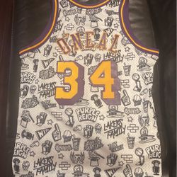 Men's Los Angeles Lakers Shaquille O'Neal Mitchell & Ness White 1996-97 Hardwood Classics Doodle Swingman Jersey