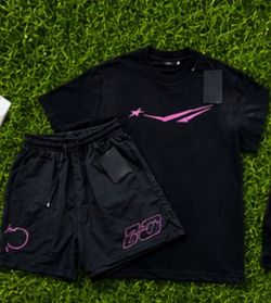 Black T-Shirt and Shorts Set with Pink Graphics