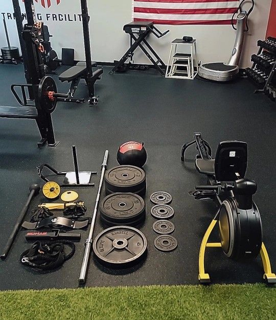 Full Gym Set With Row Machine & Rogue Bumper Plates