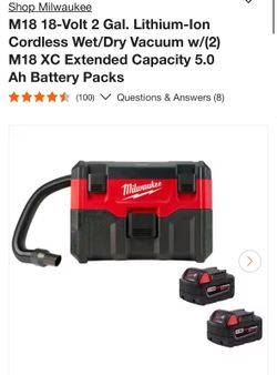 Milwaukee M18 2GAL Wet/Dry vacuum with (2) M18 5.0 Ah battery