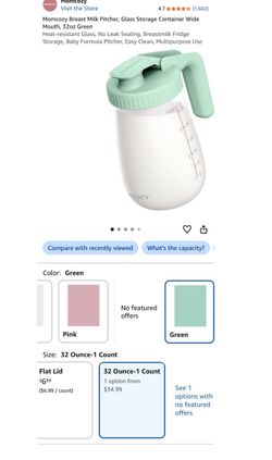 Momcozy Glass Breast Milk Pitcher 32oz Green