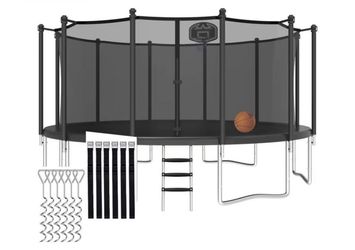 8 FT Tranpoline for Adults/Kids with Safety Enclosure Net, Basketball Hoop, Ball, Wind Stakes and Ladder, Heavy Duty Outdoor Recreational Tranpolines