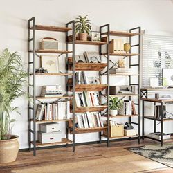 IRONCK Industrial Bookshelves 6 Tiers Triple Wide Bookshelf, Large Etagere Bookshelf Open Record Player Shelves with Metal Frame for Living Room Home 