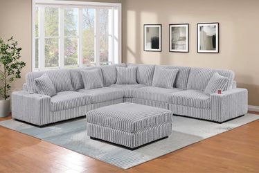 New 128x129 Large Gray Corduroy Sectional Sofa with Ottoman
