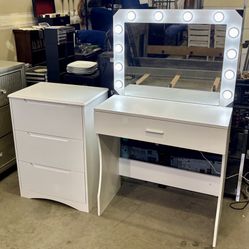 Kids White Vanity and Chest Set - 3 Drawer Chest - lighted vanity  