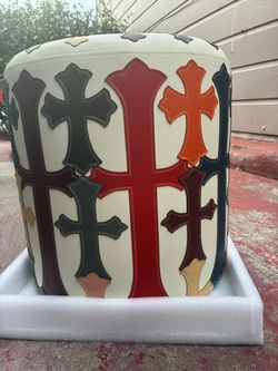 White Leather Ottoman with Multicolor Cross Appliqués