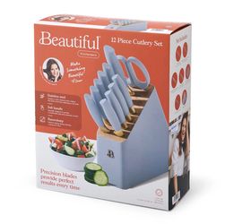 New Beautiful 12 Pc Cornflower & Gold Knife Block Set with Soft-Grip Ergonomic Handles by Drew Barrymore.