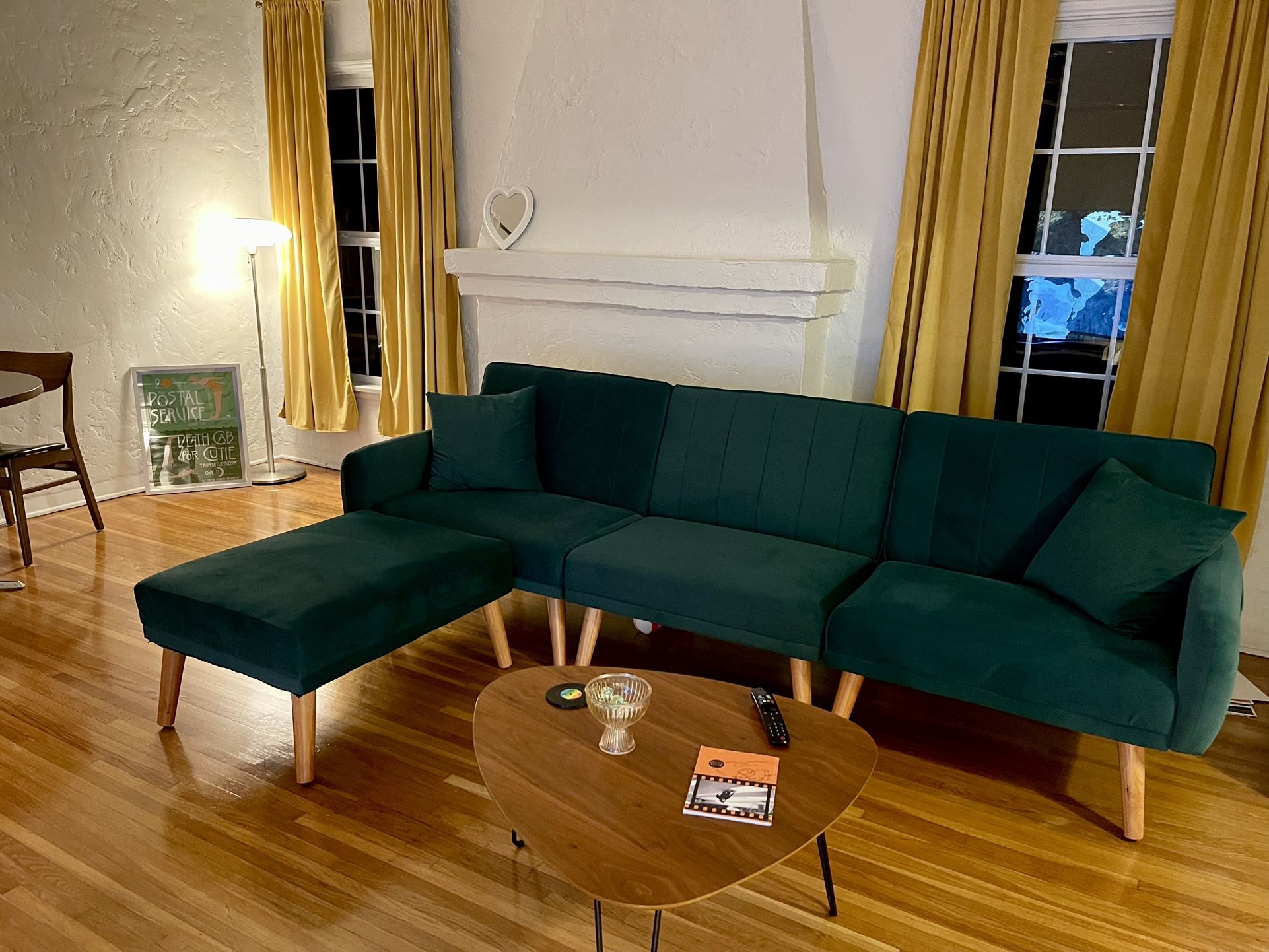 L-Shaped Green Velvet Sectional Couch with Ottoman