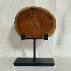 Unique Natural Wood Slice Art Piece on Metal Stand - Live Edge Decor with Butterfly Joint! 🦋