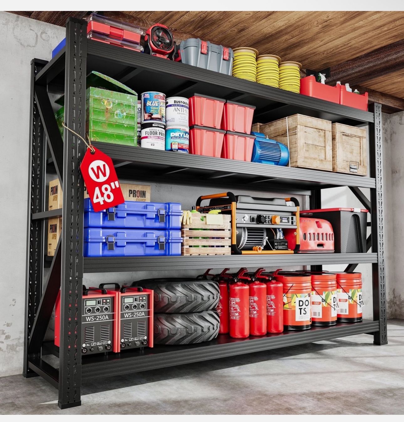 4-Tier Heavy Duty Garage Shelves – 2400lbs Metal Rack, 48" Wide, Black