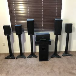 Onkyo 7.1 Channel HT-R510 HoAudio Theater Receiver and Speaker Package, Front/Center Speaker, 4 Surround Speakers, Subwoofer and Receiver. Excellen