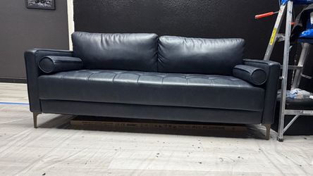 Navy Blue Leather Sofa with Tufted Seat