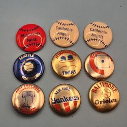 Lot X 9 Crane Potato Chips 1984/1986 Pins Twins Yankees Mariners Os Phil's