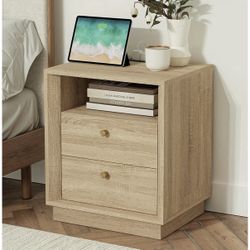NEW-Nightstand with Charging Station, Mid Century Modern Nightstand with Wood Grain Texture, Boho End Table with Drawers Storage, Bedside Table for Be