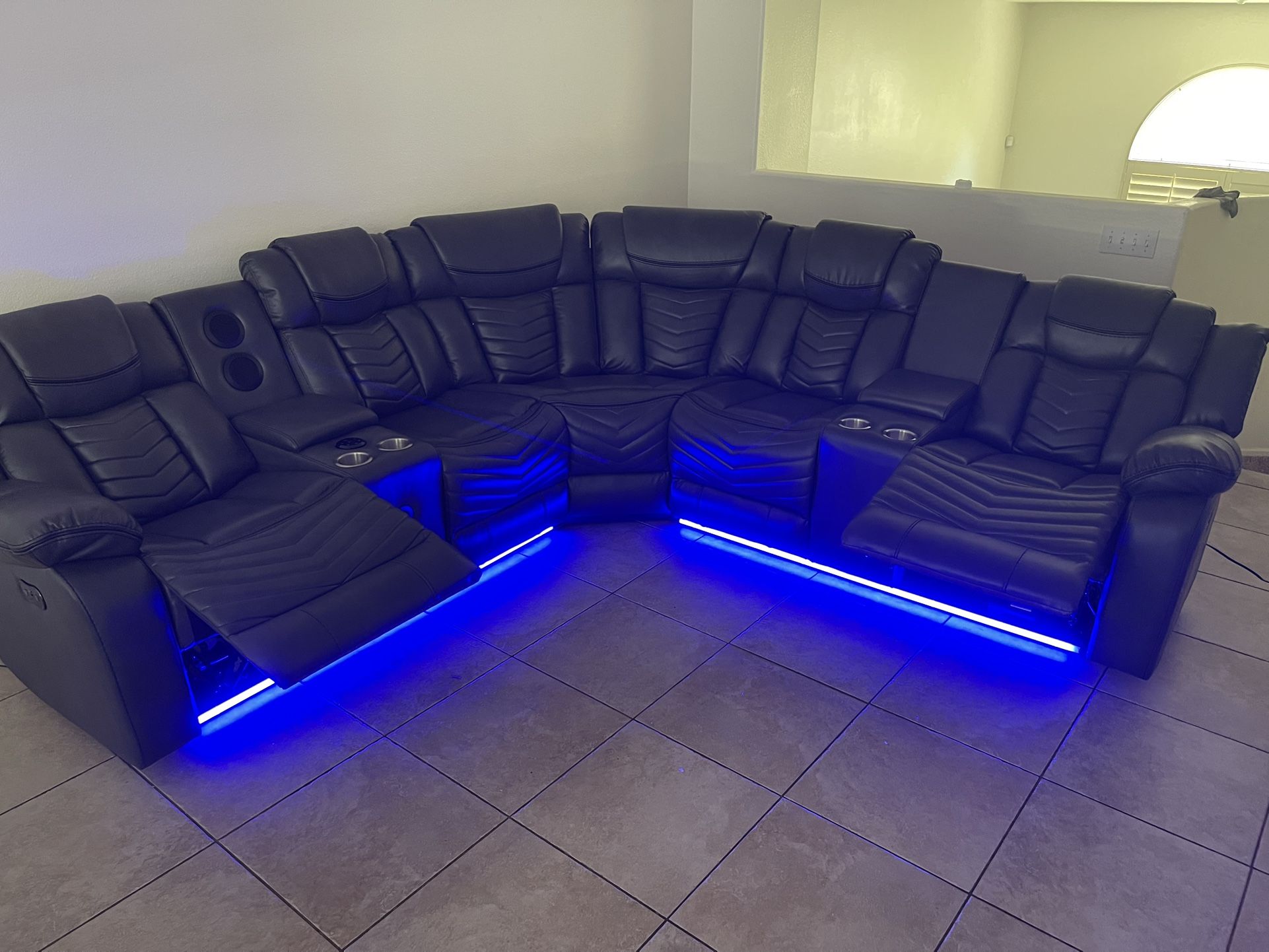 Grey Sectional Sofa With Power Reclining Seats + Bluetooth Speaker