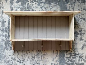 Solid Wood Wall Shelf with Hooks Distressed Beadboard Backing Rustic Farmhouse Style