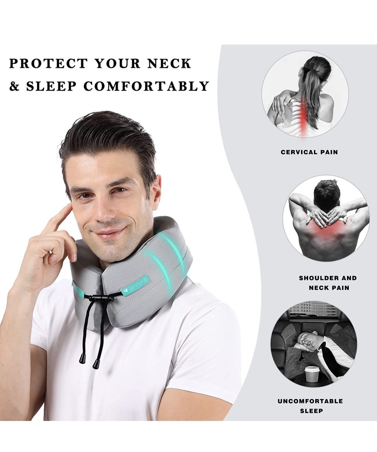 Travel Neck Pillow for Airplane- Compressible Adjustable Strong Support Travel Pillow Comfortable Lightweight Inner High Density and Outer Soft Pure M